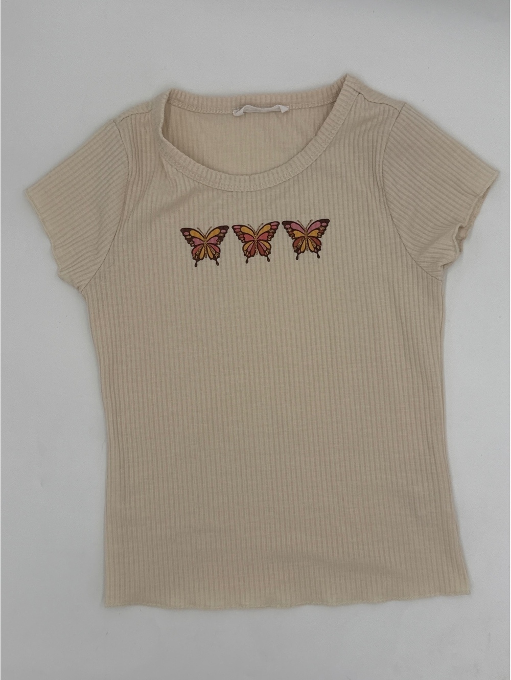 Beautees Beige Ribbed Short Sleeve T-Shirt with Butterfly Print Size 10